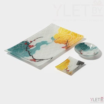 Набор для суши из стекла «Абстракция», 3 предмета: соусники 8×2 см, 8×6 см, подставка 25×15×2 см