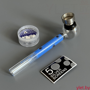 Курительный девайс стеклянная трубочка Соты с гриндером синий