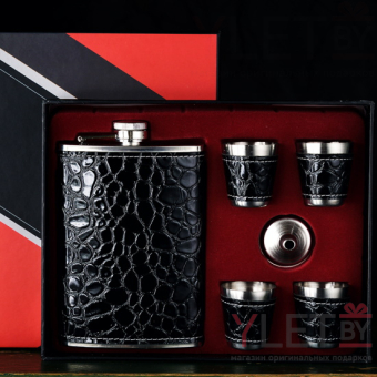 Набор фляжка и стопки под кожу Крокодил черный  в окантовке