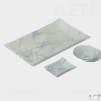 Набор для суши из стекла «Марбл белый», 3 предмета: соусники 8×2 см, 8×6 см, подставка 25×15×2 см