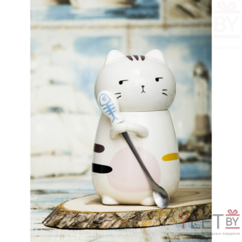 Кружка Кот с ложкой №1 розовый