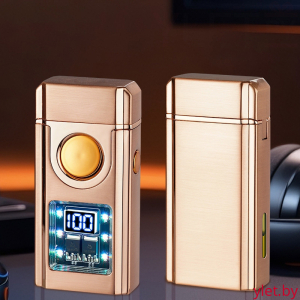 Зажигалка импульсная+турбо газовая+обычное пламя со световым экраном и окном заполнения, кнопка посередине, Бронза
