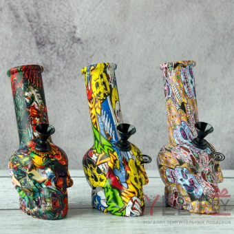 Бонг стеклянный 15 см Череп с росписью