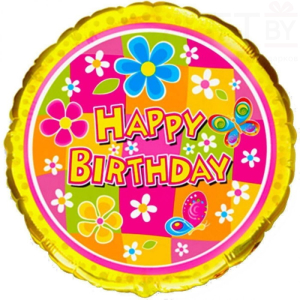 Шар (18''/46 см) Круг, Happy Birthday Цветы
