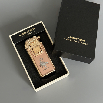 Зажигалка турбо газовая+обычное пламя Крокодил, бронза и золото, эмблема скорпиона