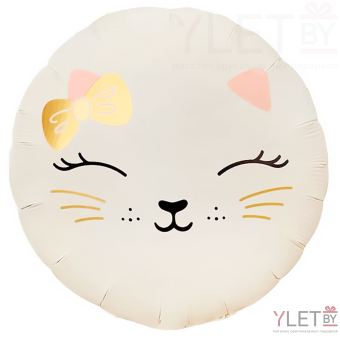 Шар (18''/46 см) Круг, Кошечка с бантом, Кремовый, Сатин