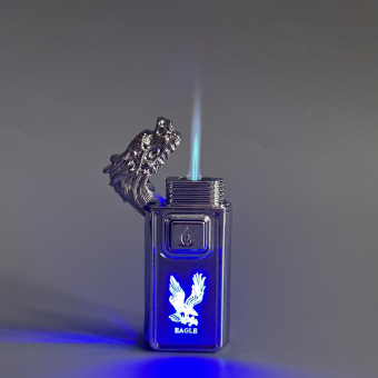 Зажигалка турбо газовая+обычное пламя Голова дракона, серебро, эмблема орла