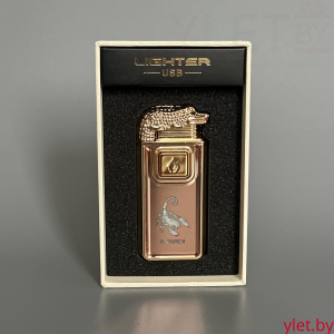 Зажигалка турбо газовая+обычное пламя Крокодил, бронза и золото, эмблема скорпиона